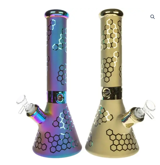 HILLSIDE GLASS 8″ GOLD IRIDESCENT BEAKER BONG