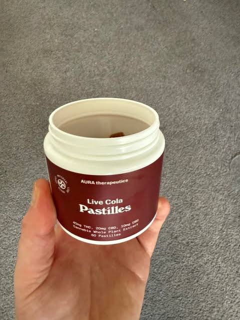 Aura Therapeutics Live Cola Pastilles 40mg THC, 20mg CBD & 10mg CBG. 60 pack